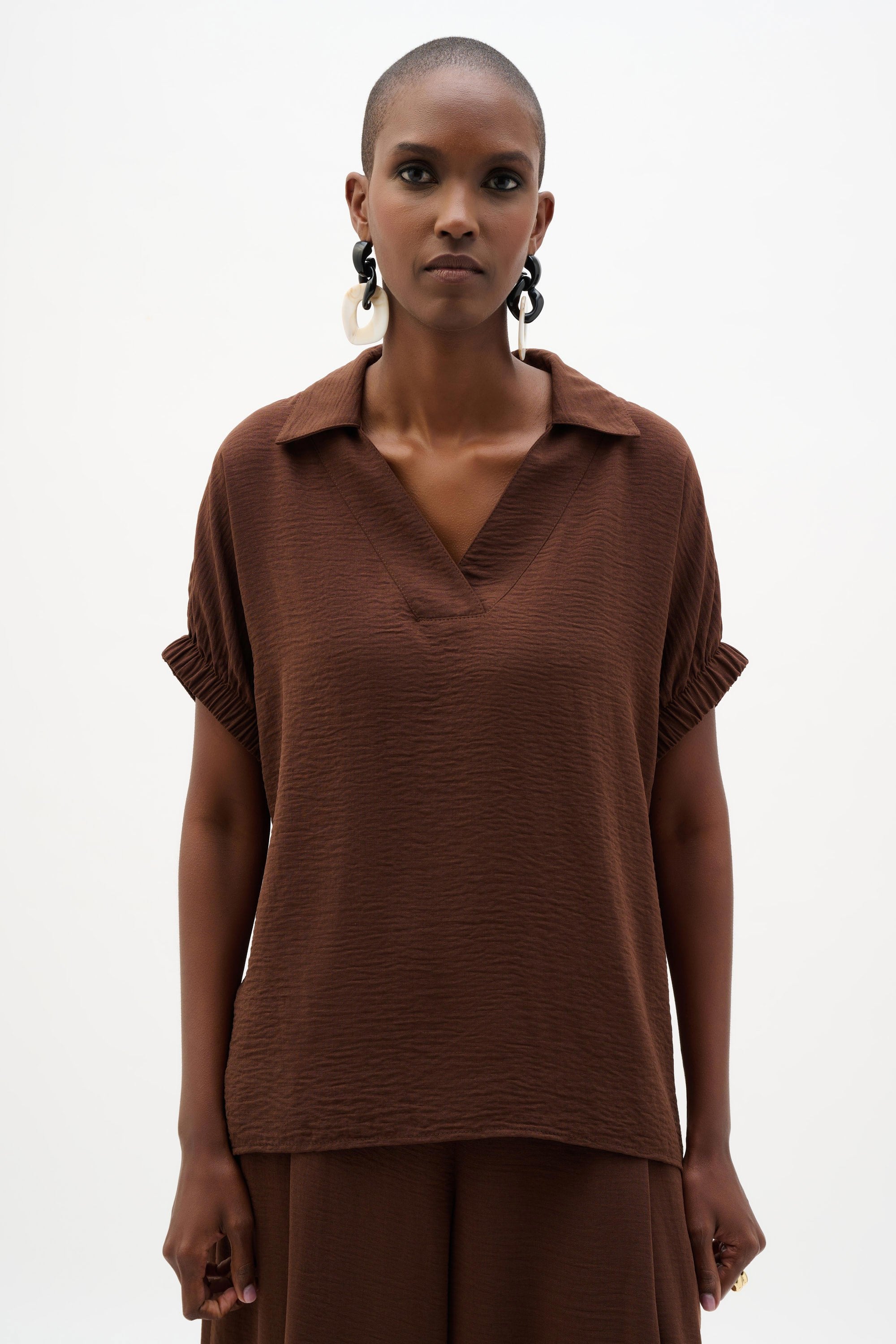 Front View Image of Joseph Ribkoff Woven Gauze Boxy Top With Shirred Sleeves in Mahogany