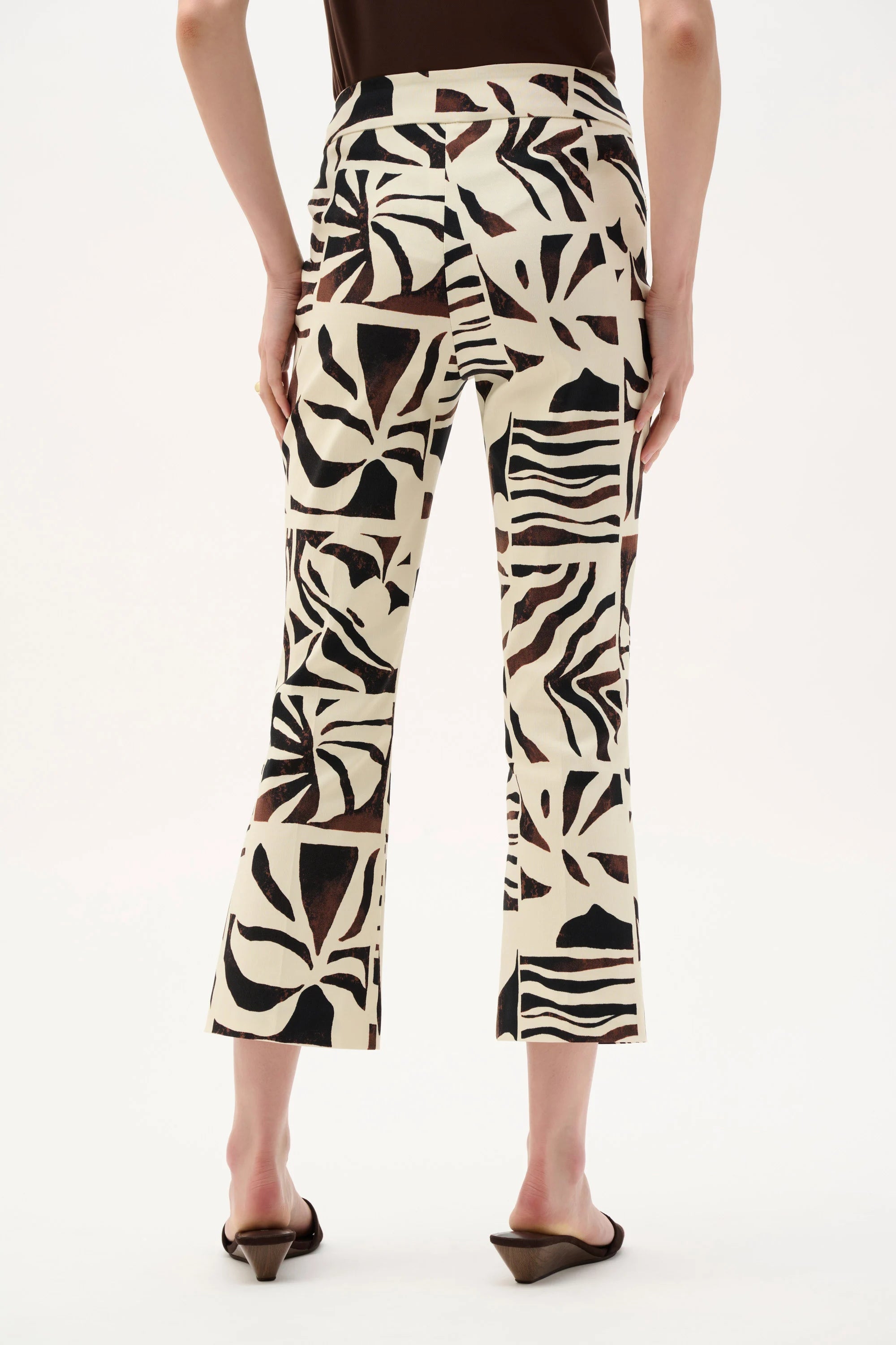 Back View Image of Joseph Ribkoff Millennium Tropical Print Flared Pull-On Pants in Beige/Multi
