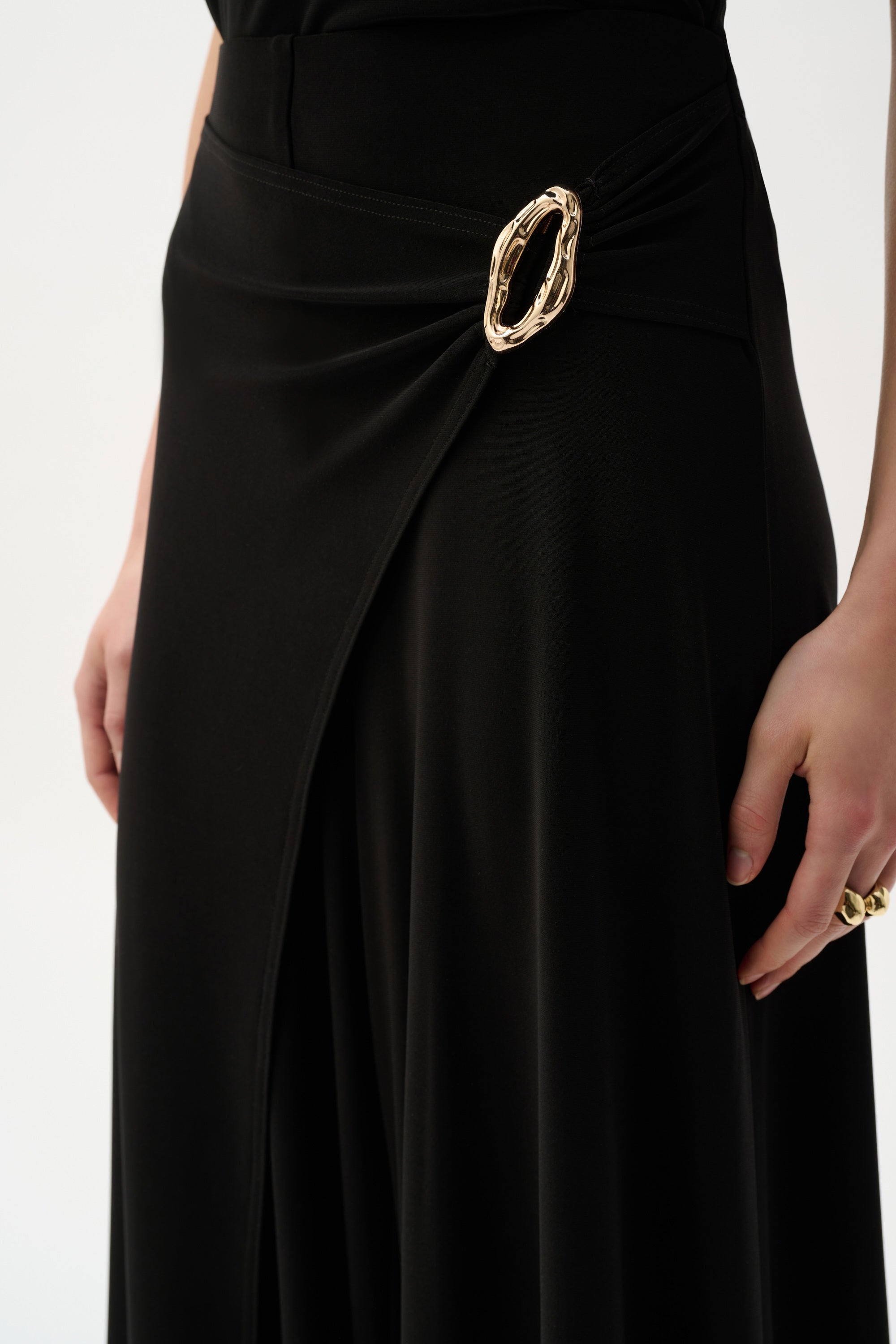 Close Up View Image of Joseph Ribkoff Silky Knit Culotte Pull-On Pants With Buckle Detail in Black