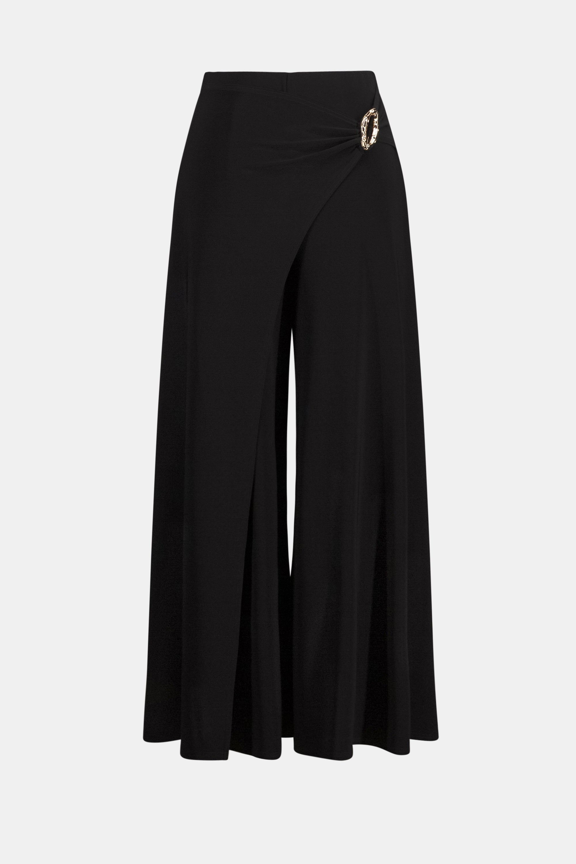 Front View Image of Joseph Ribkoff Silky Knit Culotte Pull-On Pants With Buckle Detail in Black