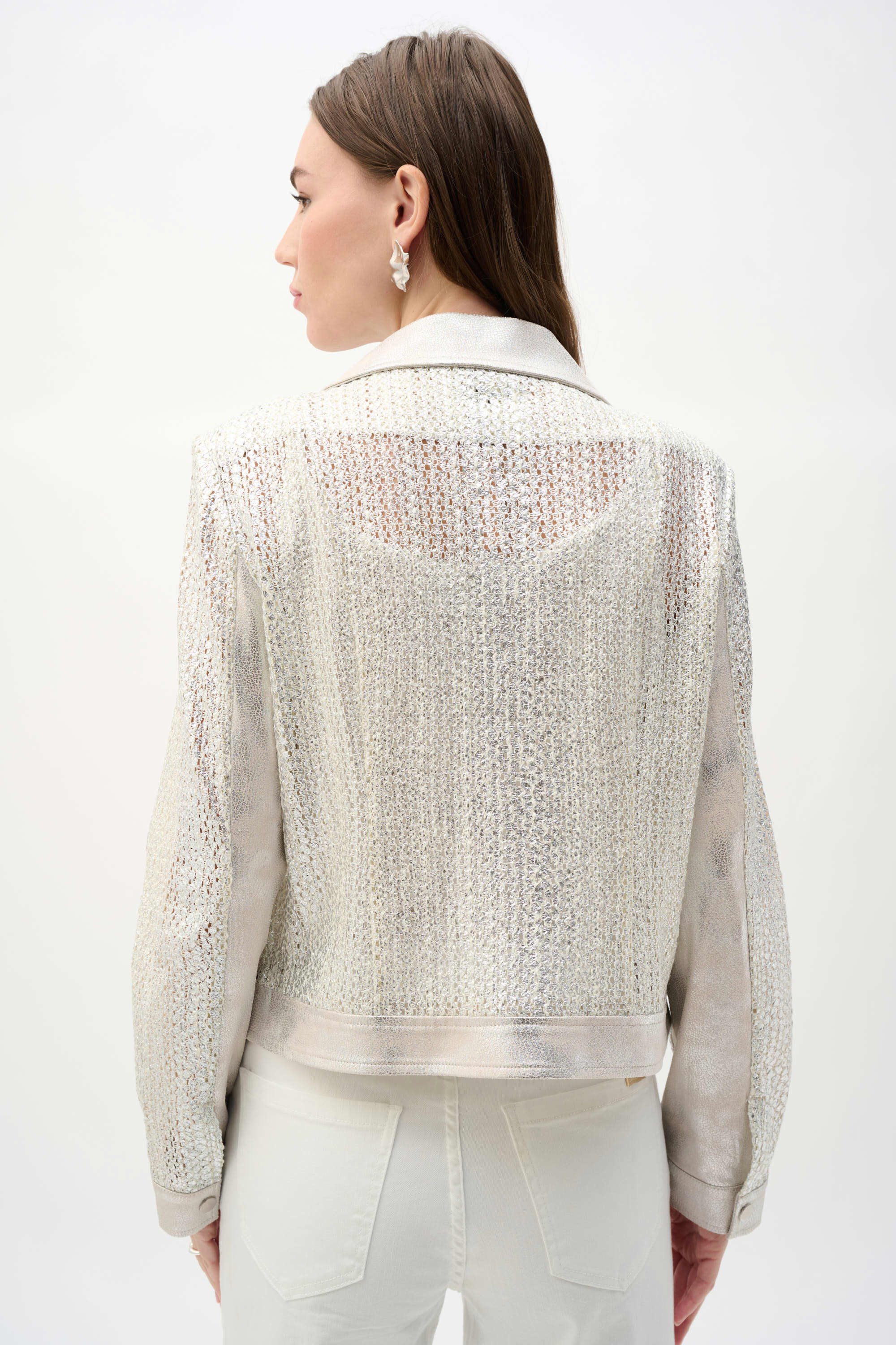 Back View Image of Joesph Ribkoff Faux Suede Foiled Knit Moto Jacket in Champagne/Silver