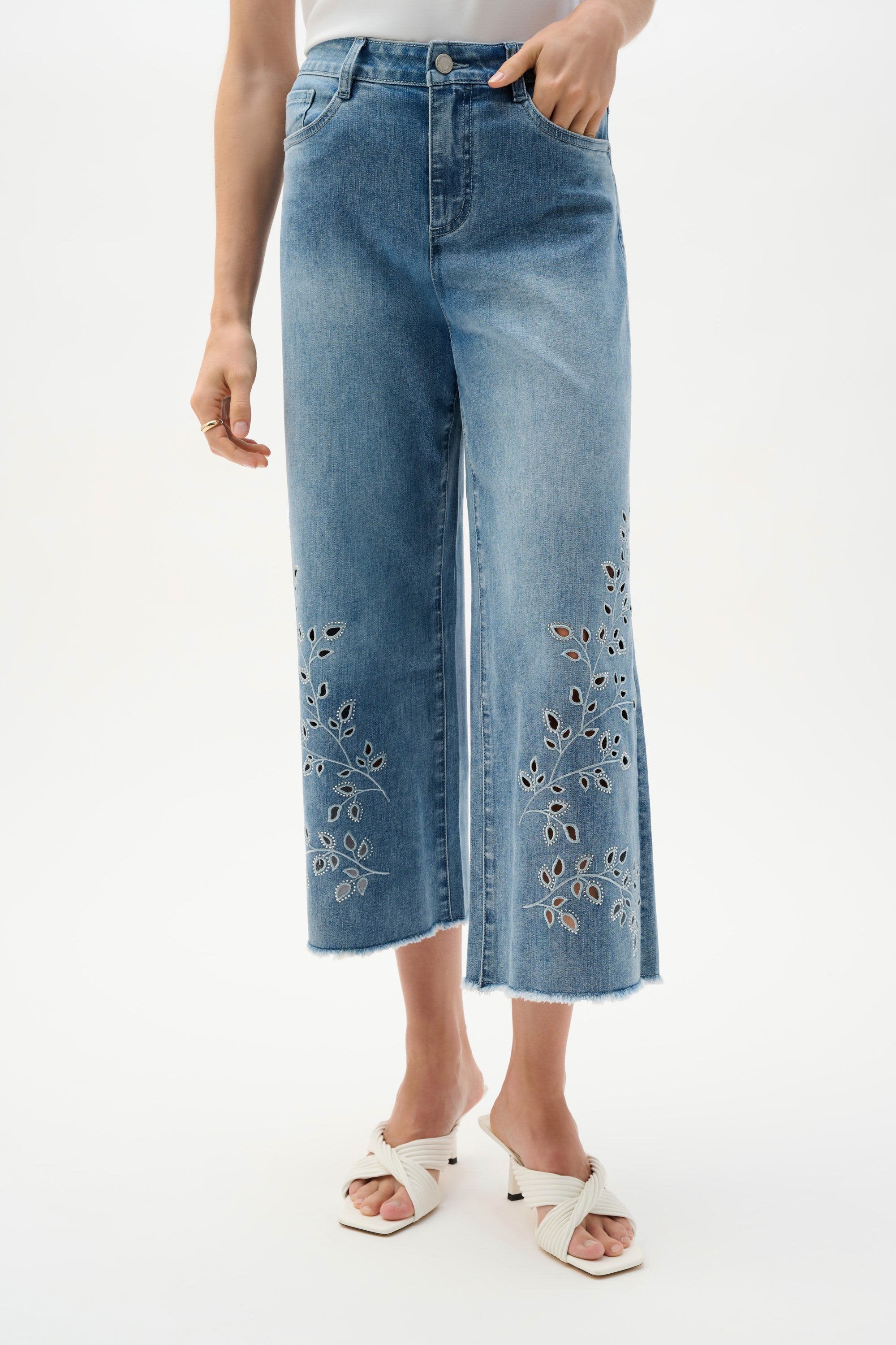 Front View Image of Joseph Ribkoff Repreve® Denim Wide Leg Crop Jeans With Embroidery in Light Blue Denim