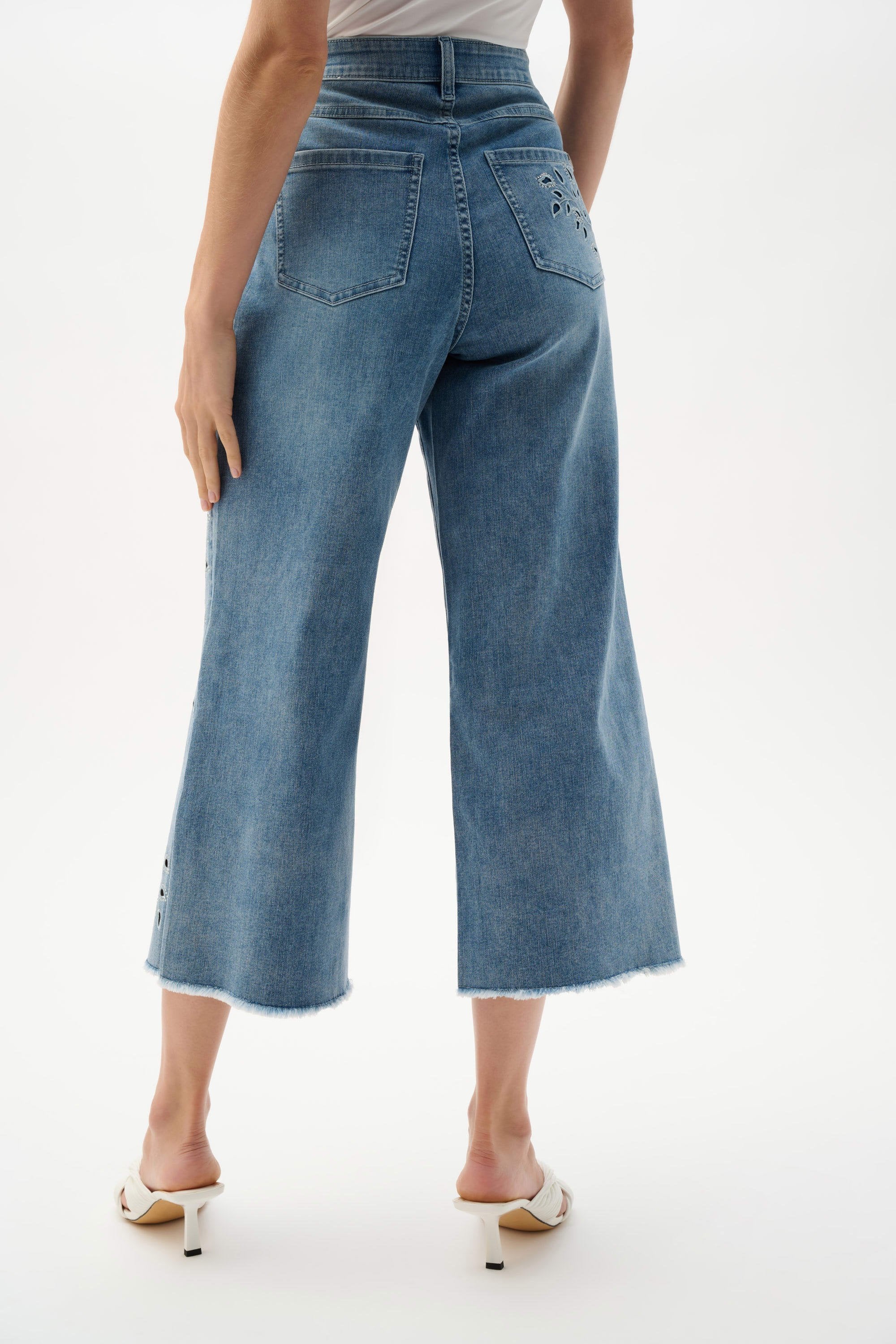 Back View Image of Joseph Ribkoff Repreve® Denim Wide Leg Crop Jeans With Embroidery in Light Blue Denim