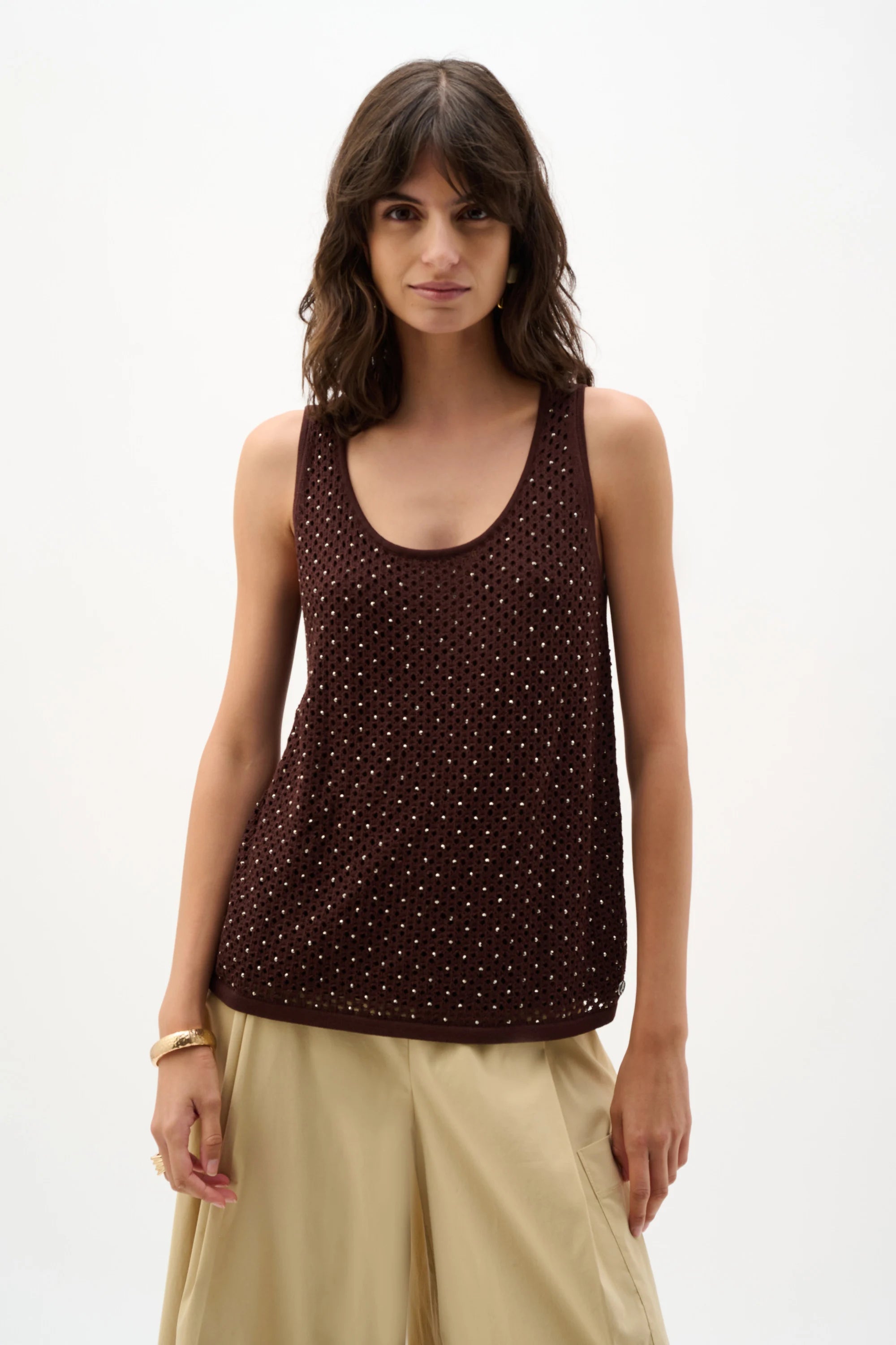 Front View Image of Joseph Ribkoff Embellished Knit Camisole in Mahogany