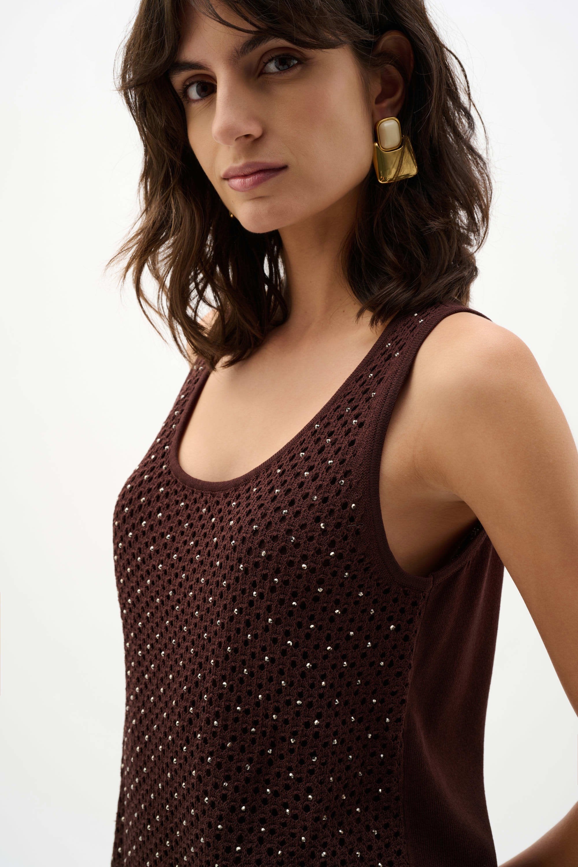 Close Up View Image of Joseph Ribkoff Embellished Knit Camisole in Mahogany