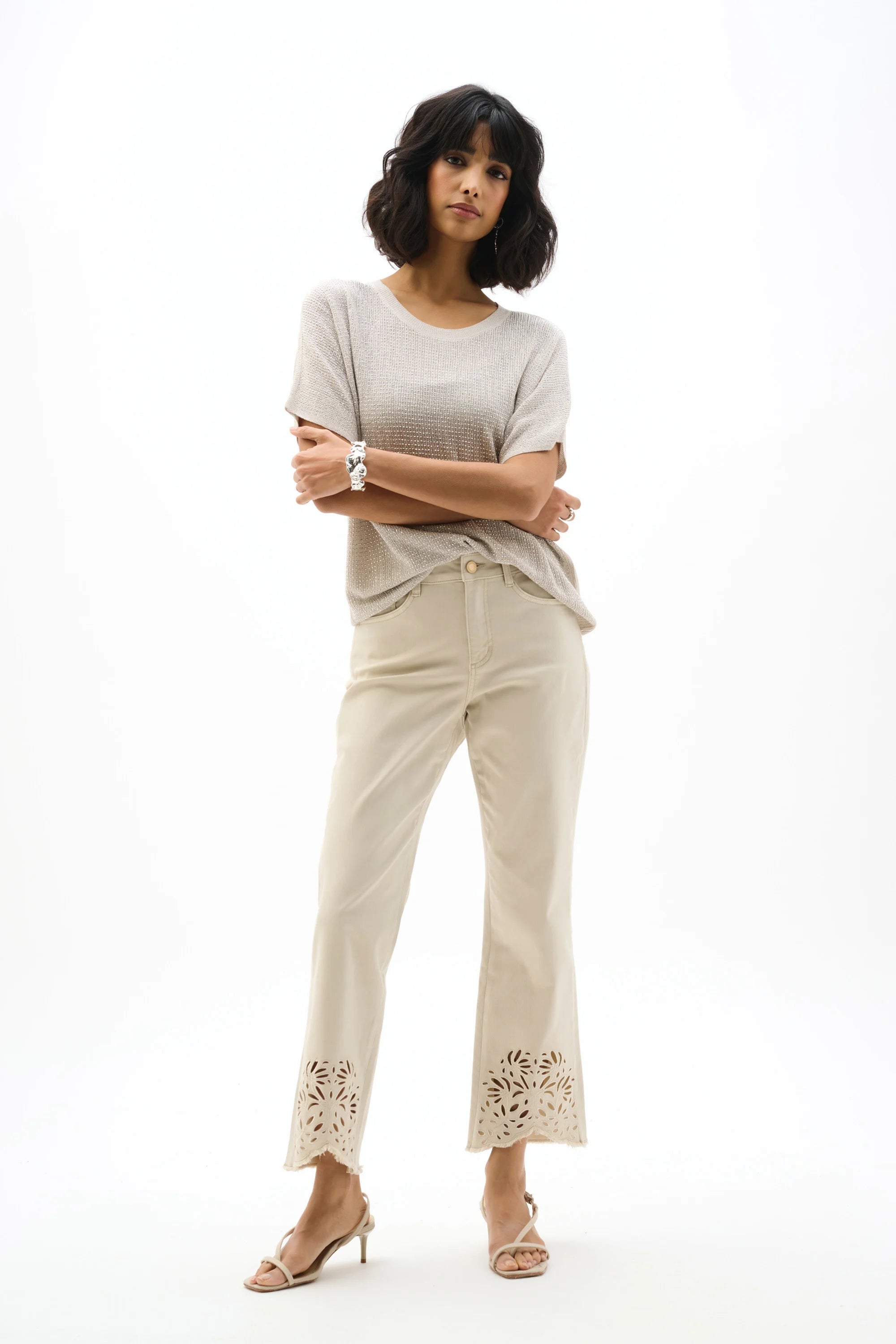Full Body View Image of Joseph Ribkoff Repreve® Straight Jeans With Flower Embroidery in Moonstone