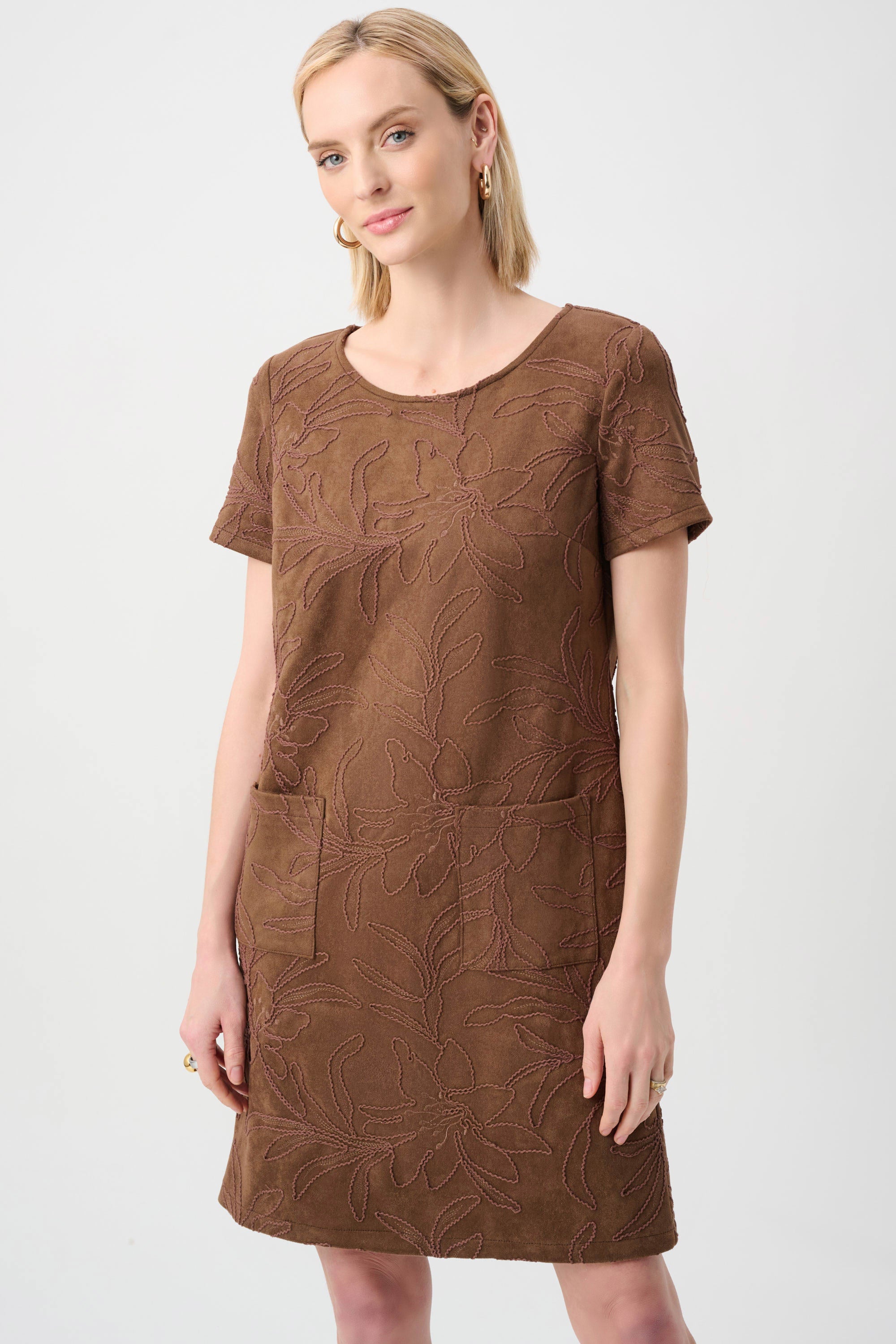Embroidered Suede Boat-Neck Shift Dress