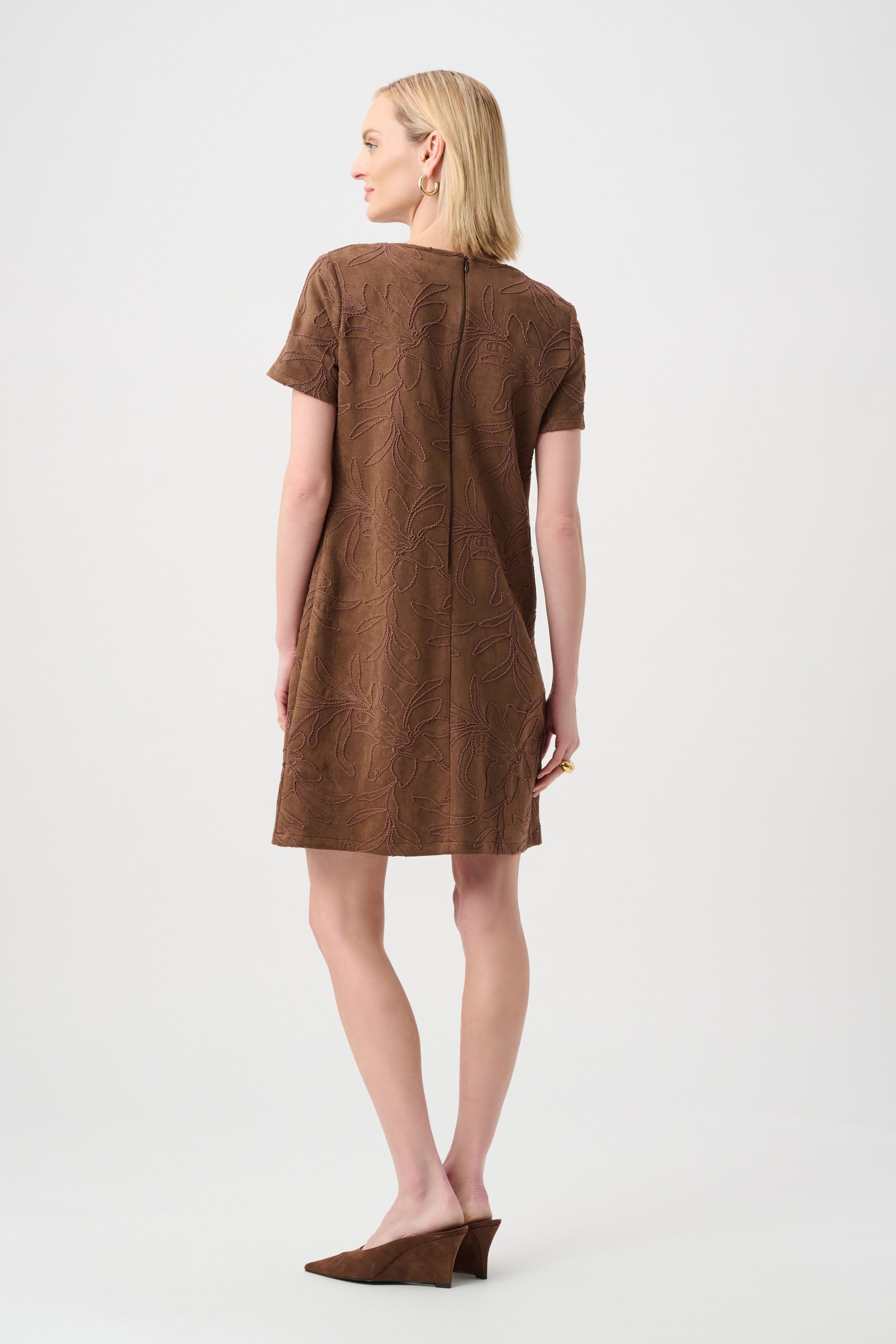 Embroidered Suede Boat-Neck Shift Dress