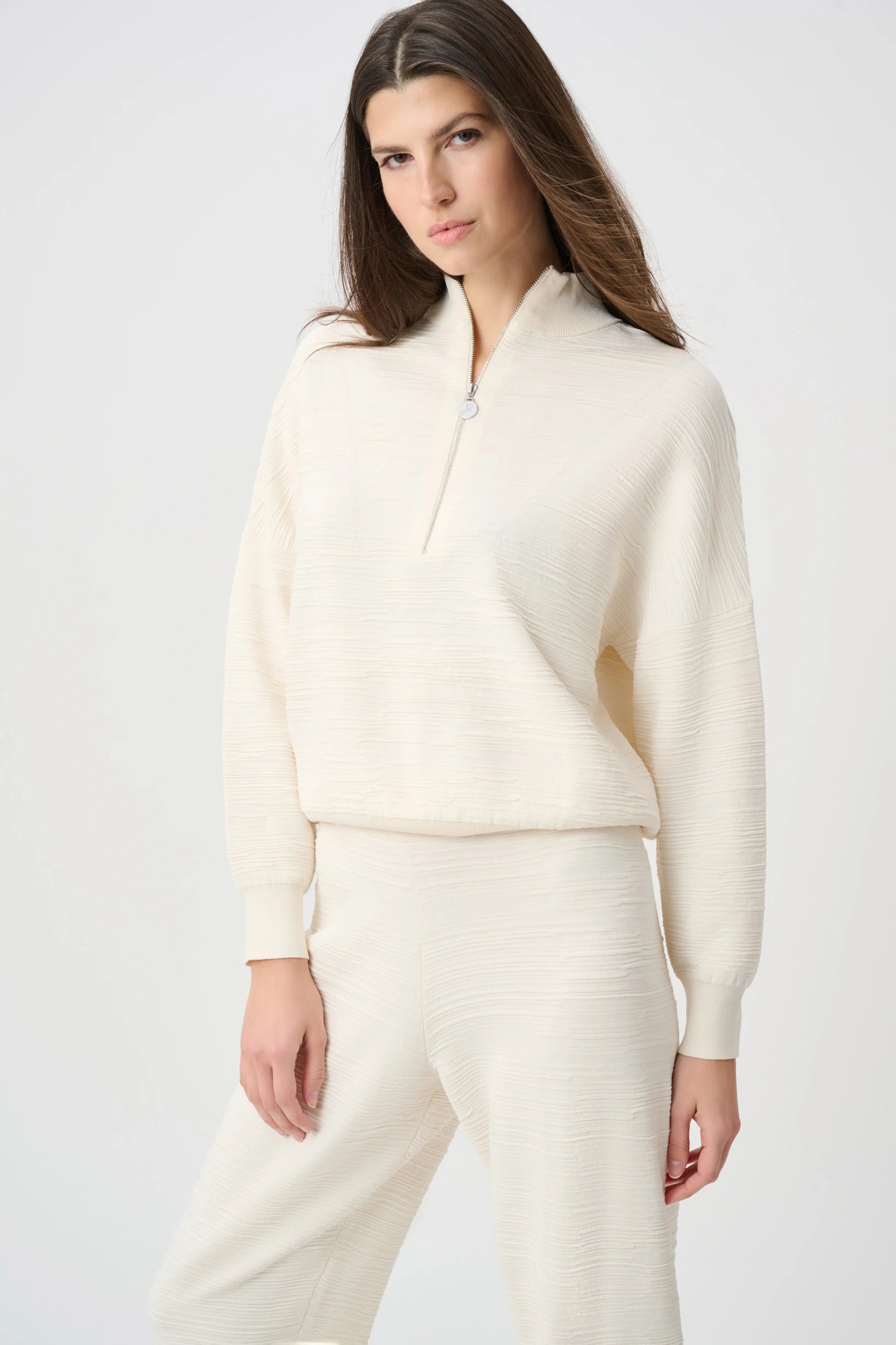 Front View Image Of Joseph Ribkoff Sweater Knit Mock-Neck Cocoon Sweater in Birch