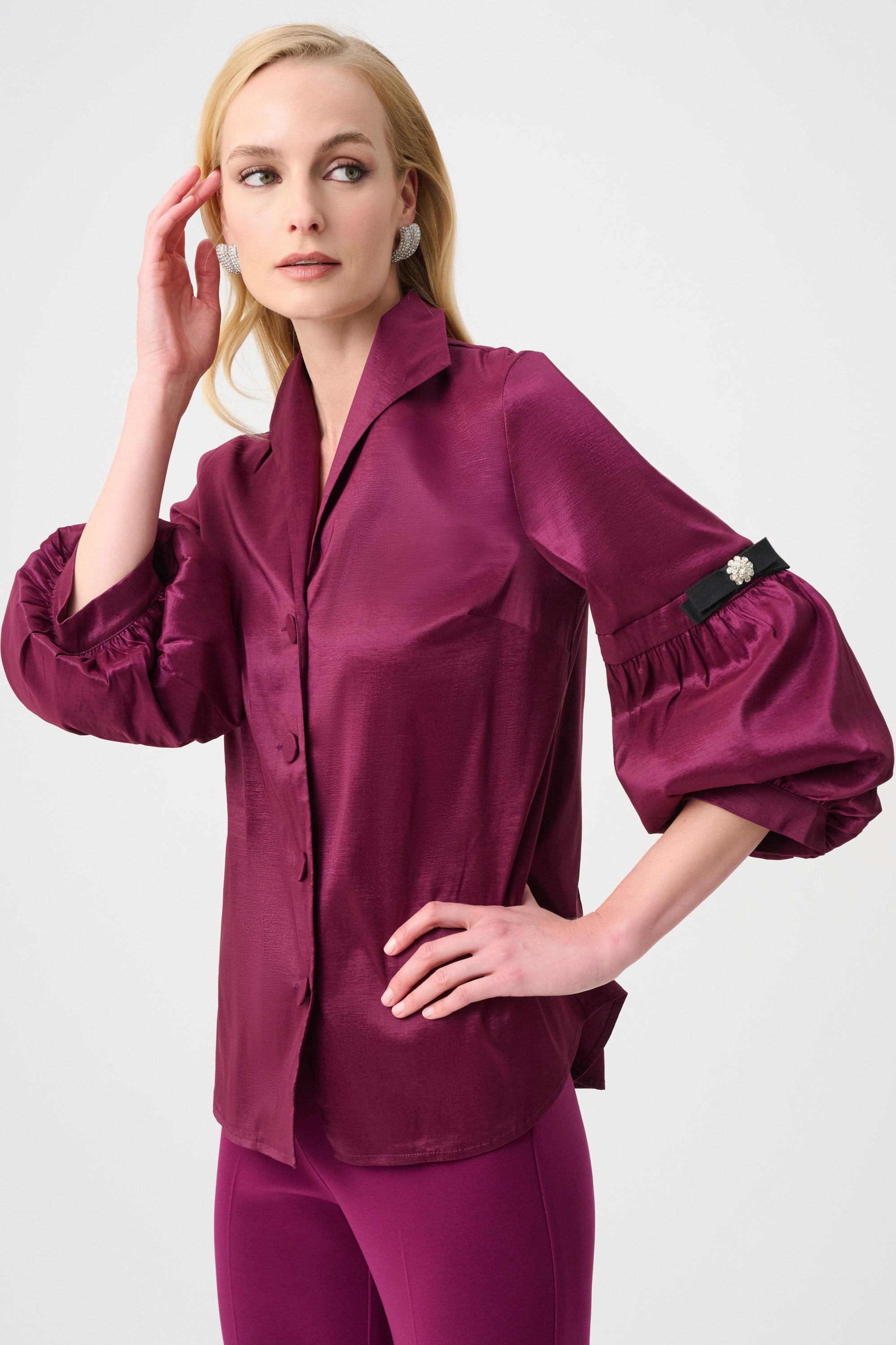 Stretch Taffeta Fitted Blouse With Rhinestone Buttons