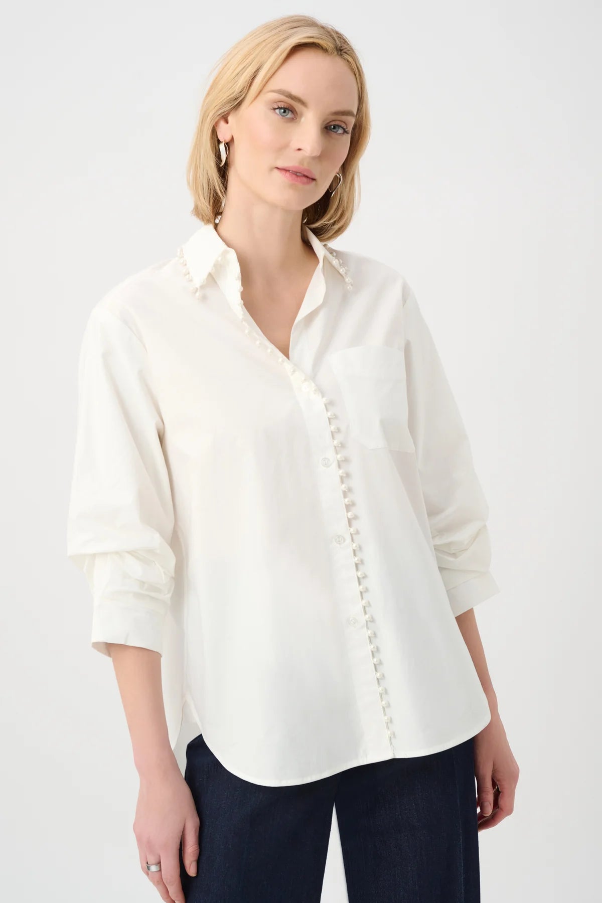 Cotton Poplin Pearl Trim Boxy Blouse