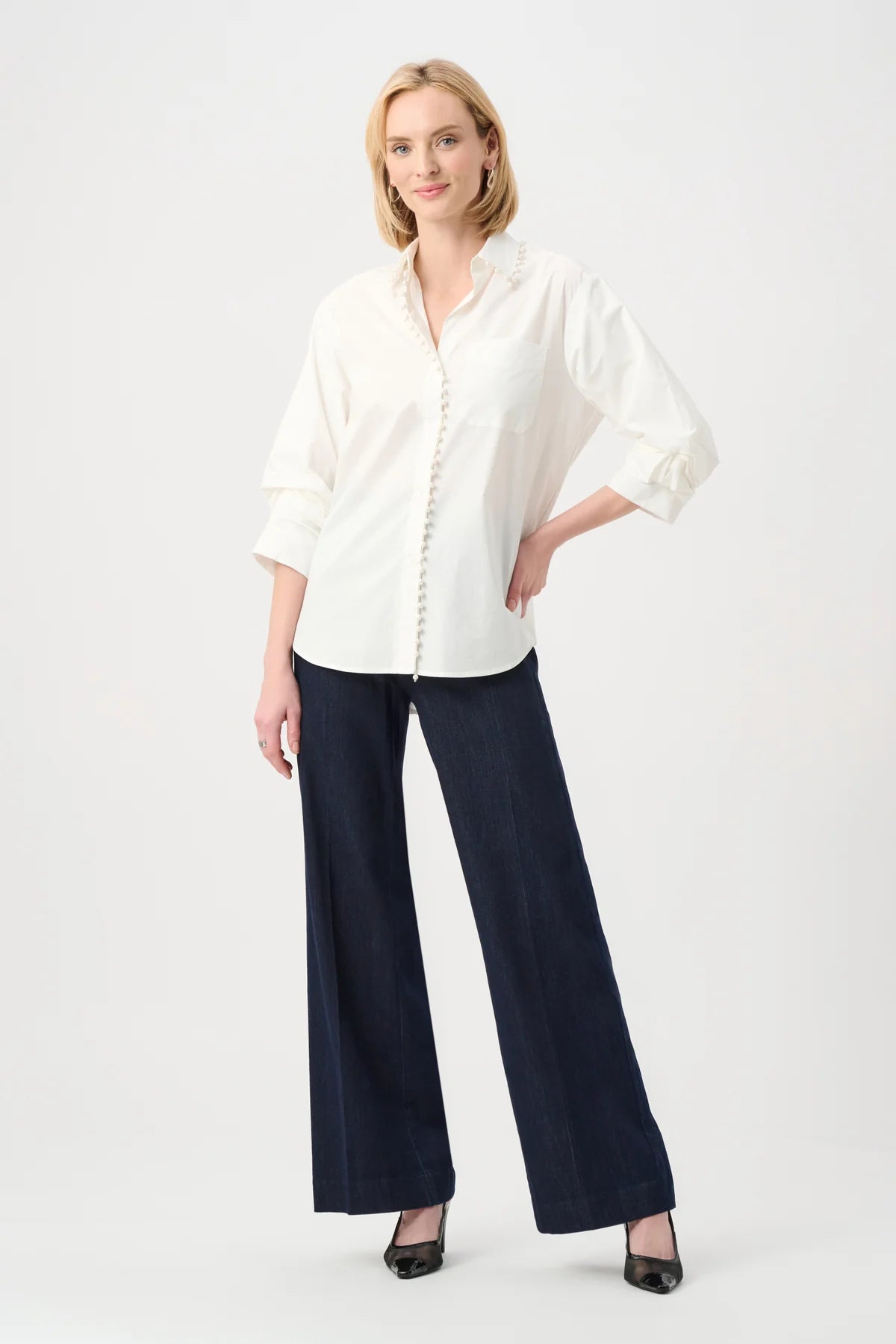 Cotton Poplin Pearl Trim Boxy Blouse