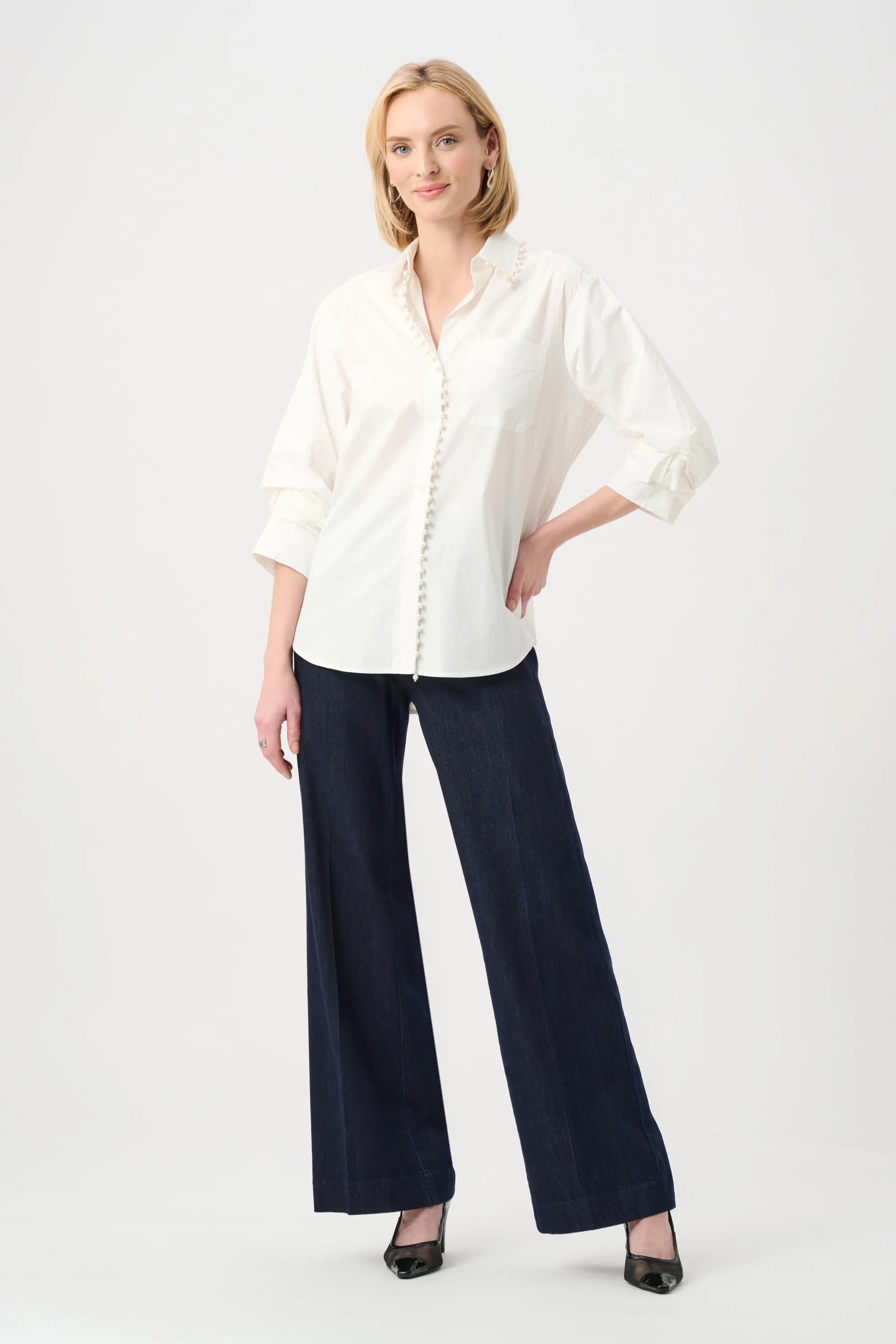 Cotton Poplin Pearl Trim Boxy Blouse