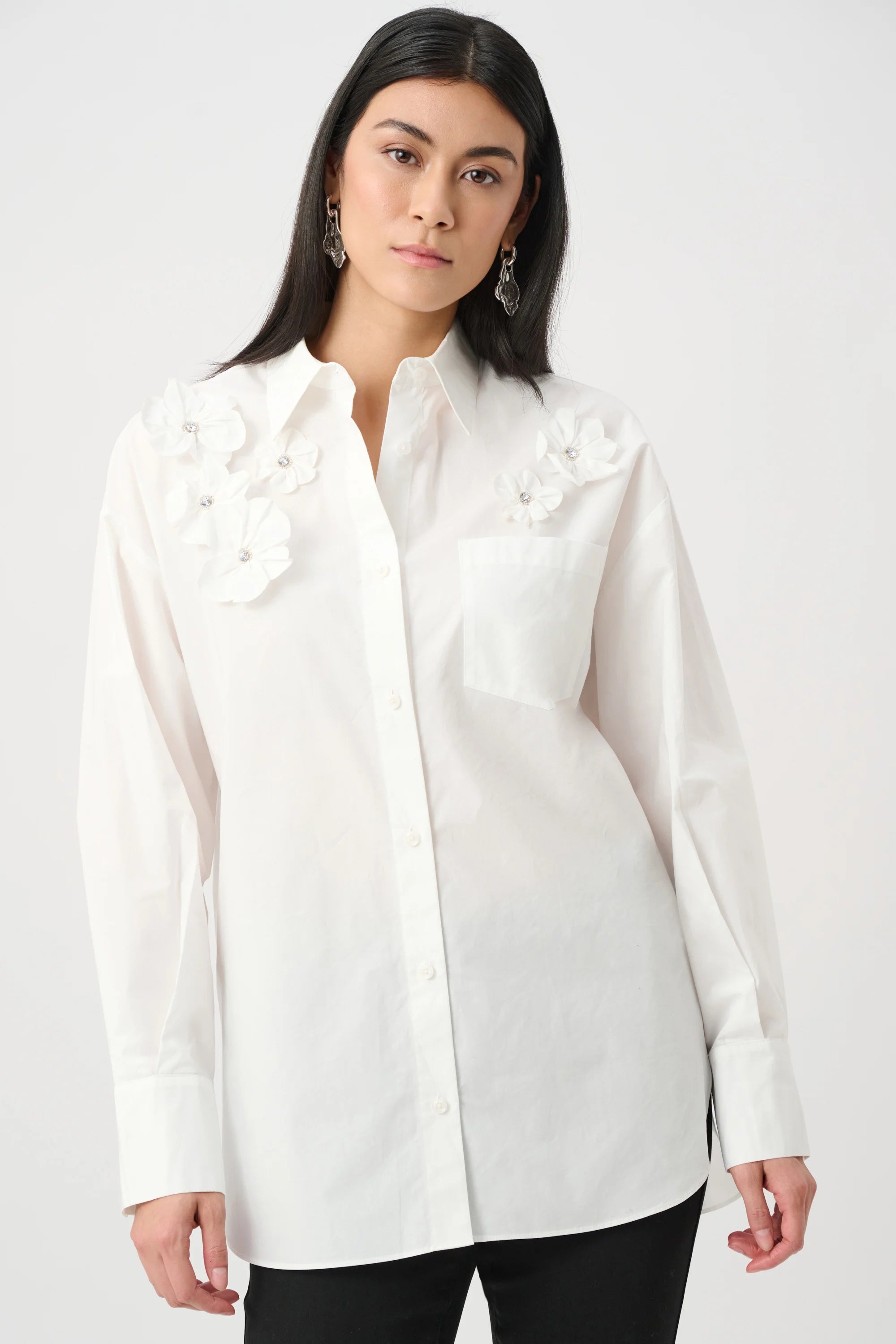 Cotton Poplin Blouse With 3D Flower and Rhinestone Detail