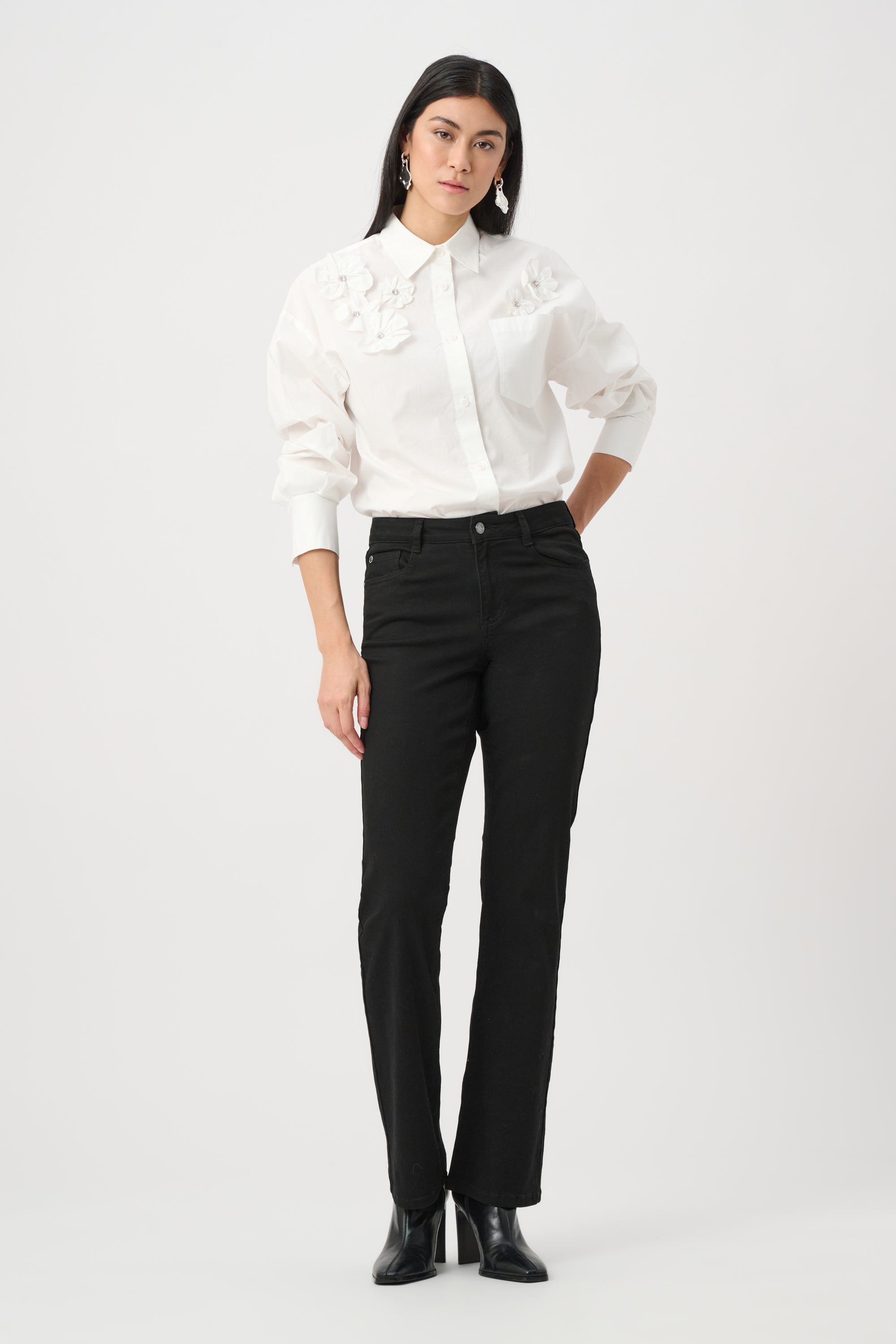 Cotton Poplin Blouse With 3D Flower and Rhinestone Detail