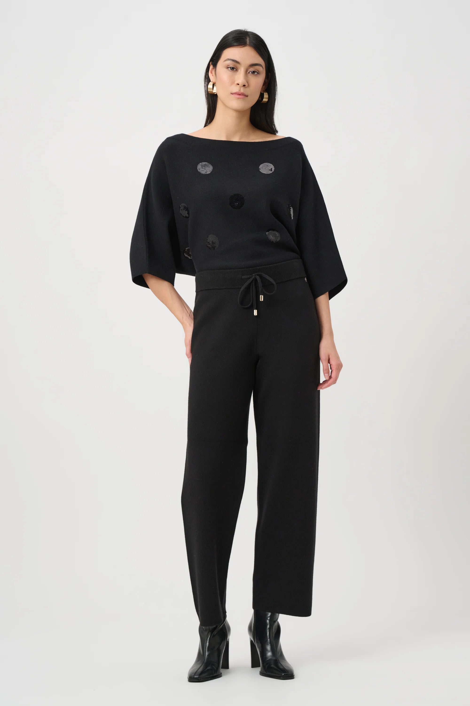 Full Body View of Joseph Ribkoff Brushed Viscose And Nylon Knit Pull-On Pants in Black