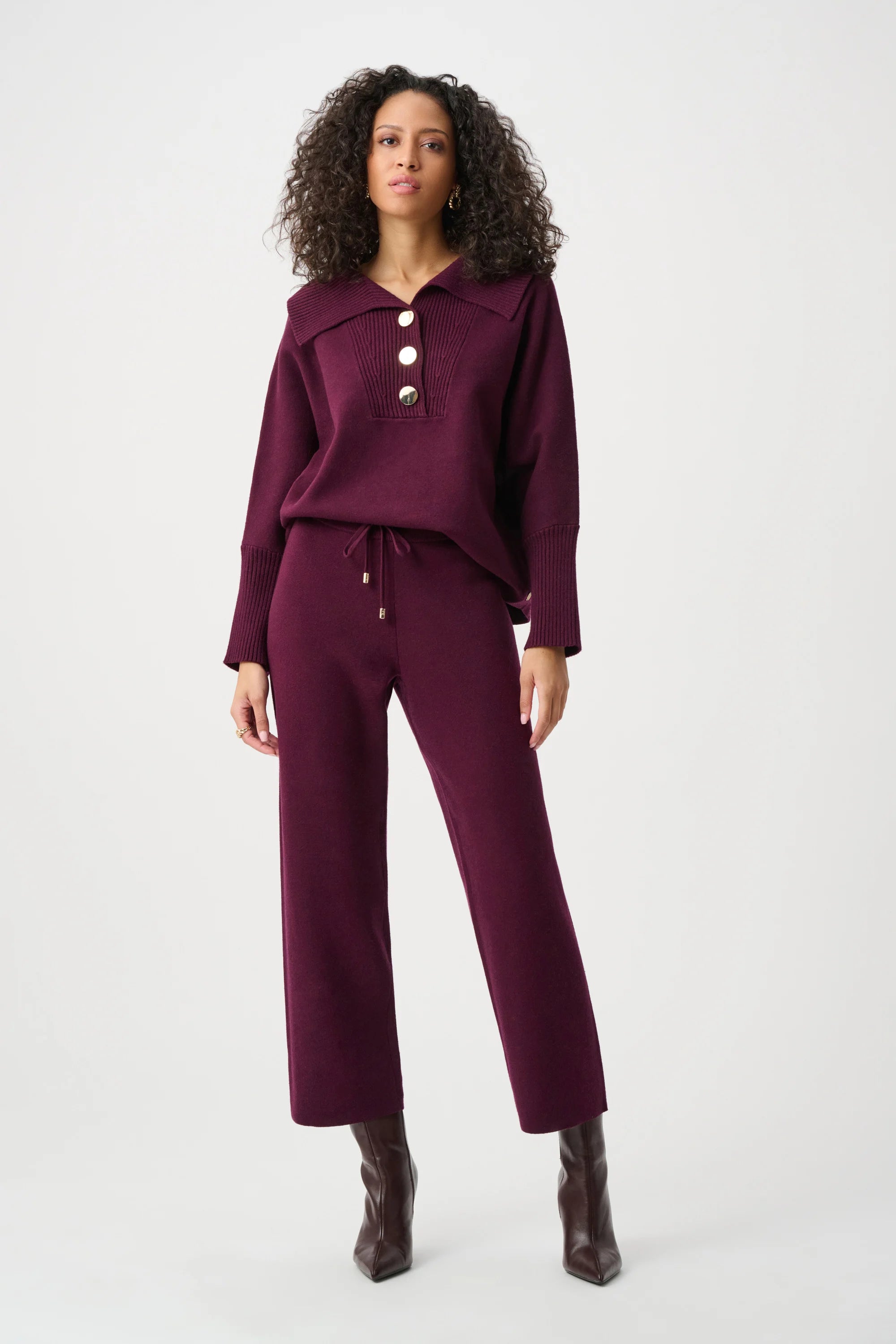 Full Body View Image of Joseph Ribkoff Brushed Viscose And Nylon Knit Pull-On Pants in Elderberry