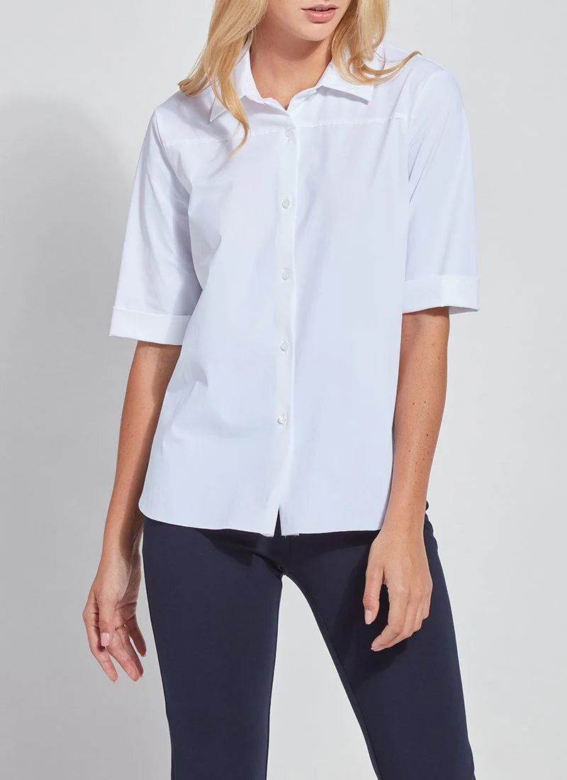Front image of Lysse Josie button down blouse in white.