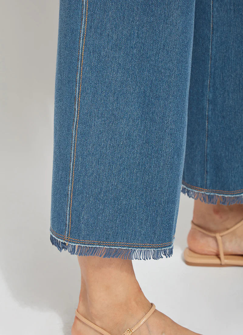 Front detail image of Lysse Shiloh Palazzo pants in mid wash.