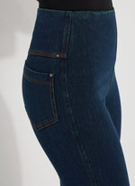 Front waistband image of Lysse ankle denim baby bootcut bottoms. Indigo denim pull on cropped bottoms. 