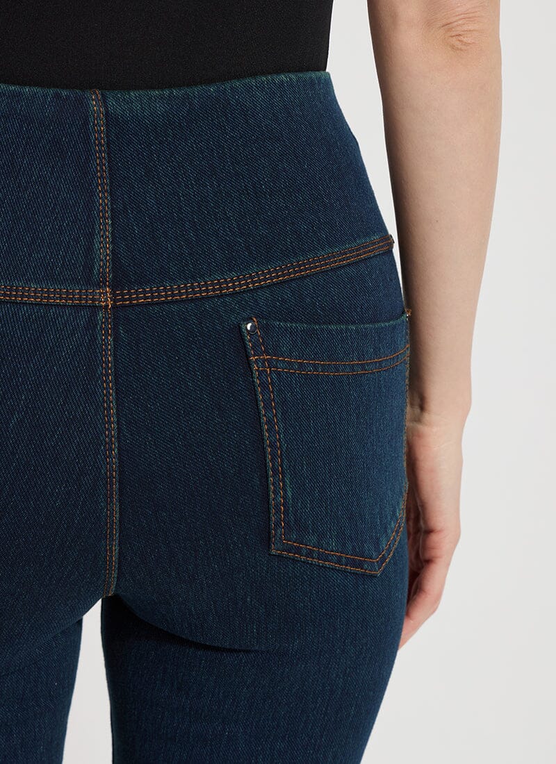 Back pocket image of Lysse ankle denim baby bootcut bottoms. Indigo denim pull on cropped bottoms.