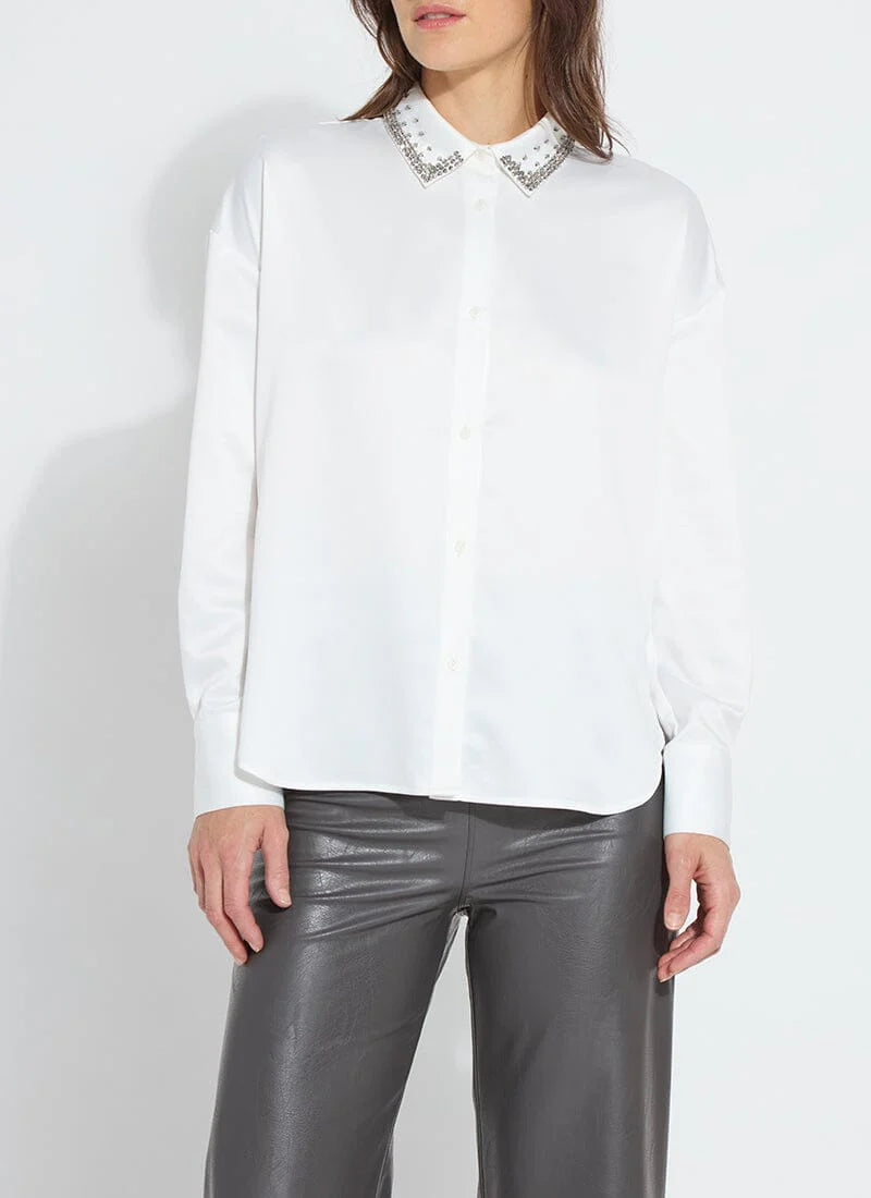 Front image of Lysse aurora beaded satin shirt in off white.