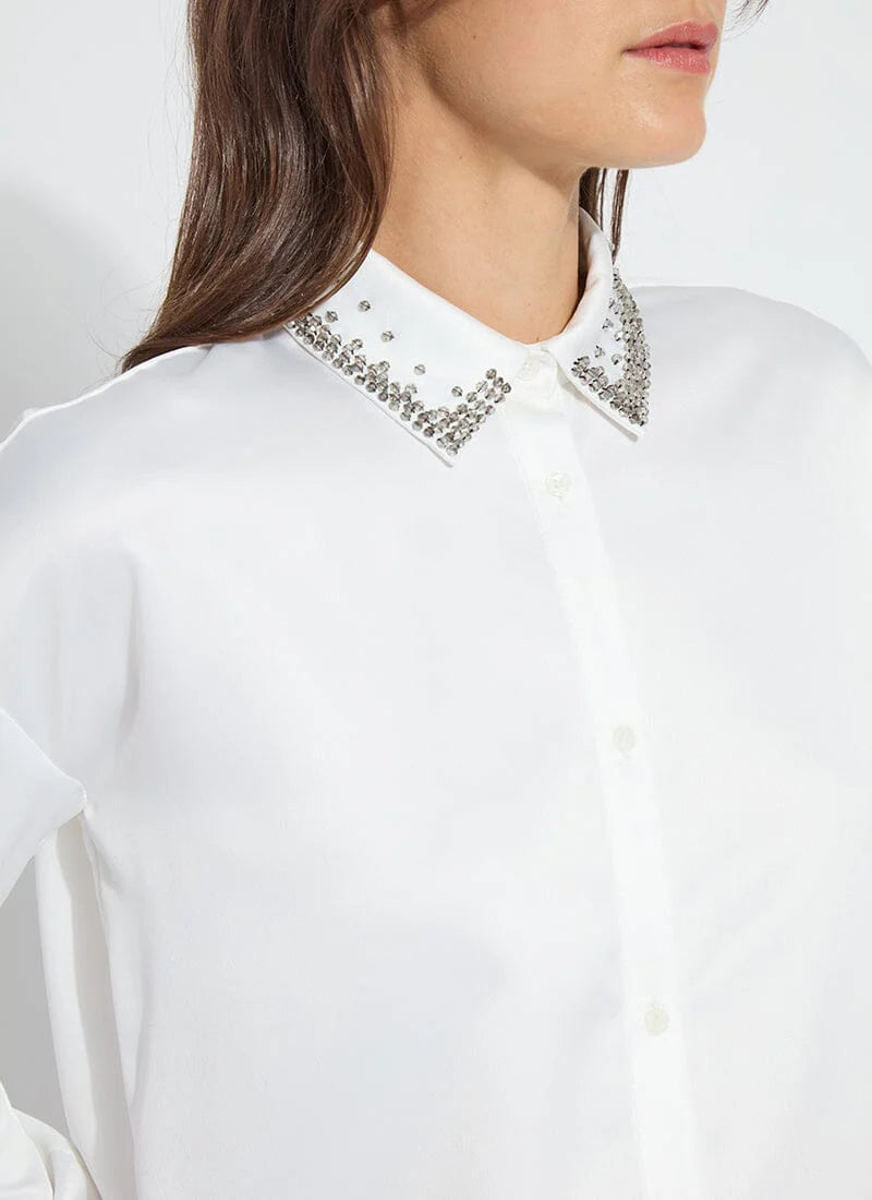 Front detail image of Lysse aurora beaded satin shirt in off white.