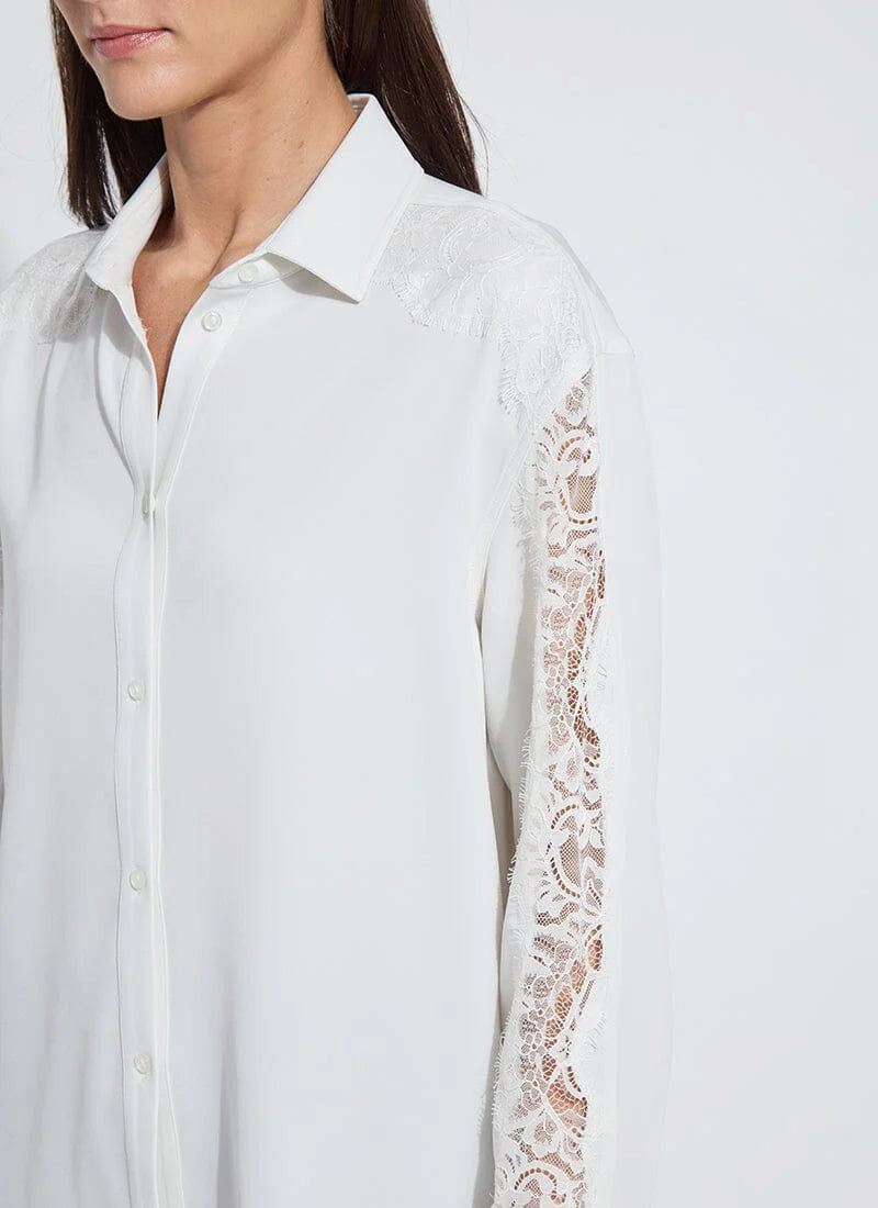 Front image of Lysse Natasha Lace Trim Shirt in ice white.