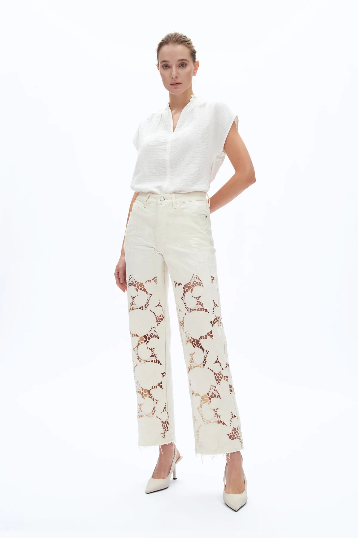 Beige Relaxed Fit Lace Jean