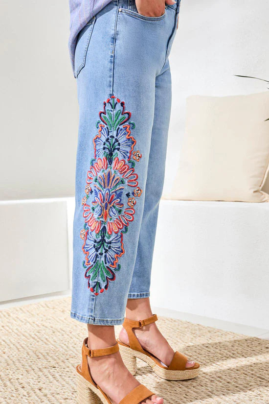 Side View Image of Patchington Audrey 25" Crop Embroidered Jean in Desert Blue