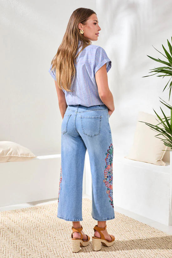 Back Full Body View Image of Patchington Audrey 25" Crop Embroidered Jean in Desert Blue