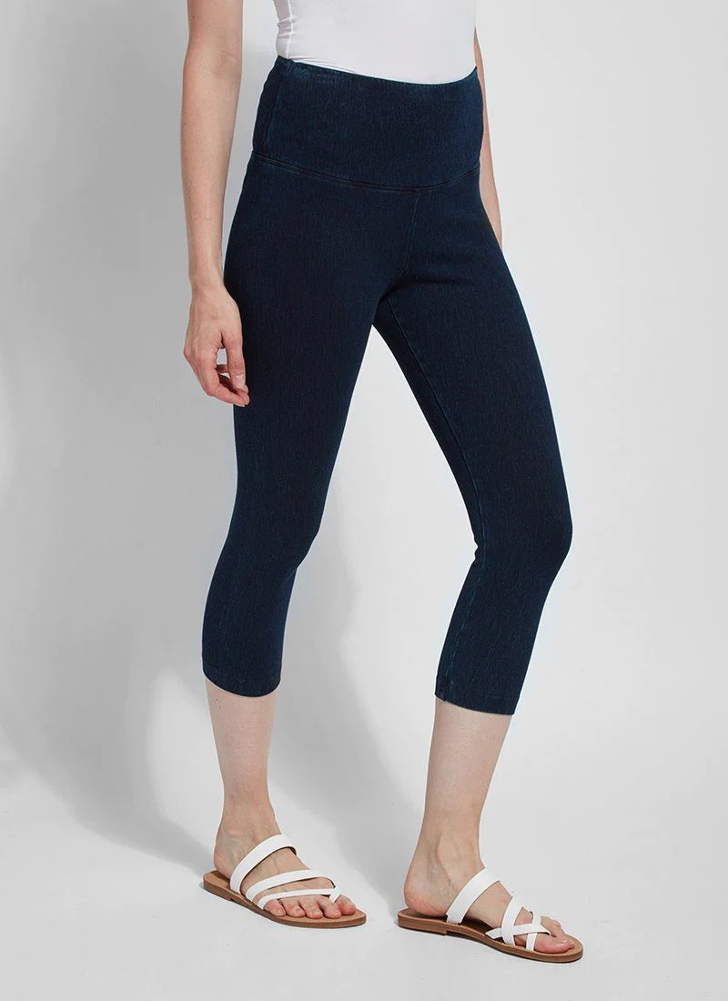 Side image of Lysse denim capri in indigo blue.