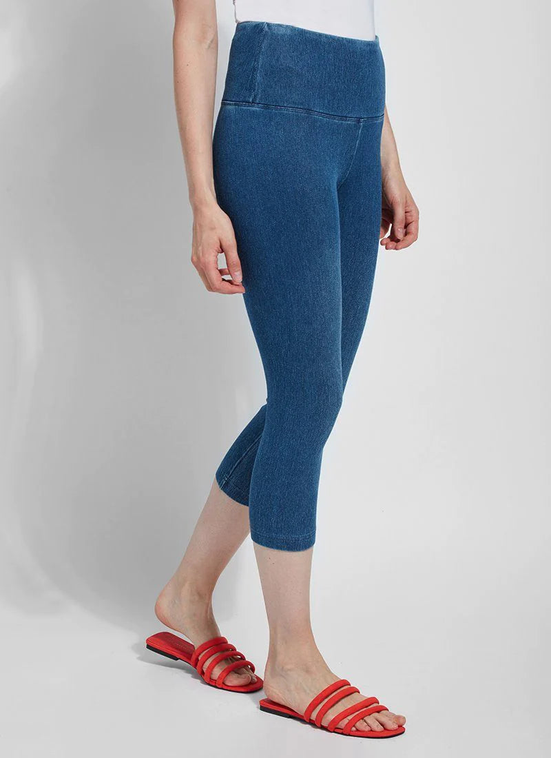 Side image of Lysse denim capri in mid wash blue.