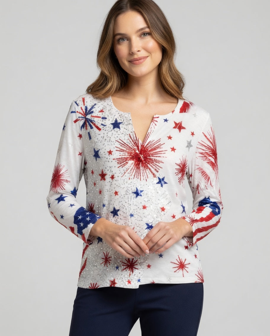 3/4 Sleeve V-Neck Print Top