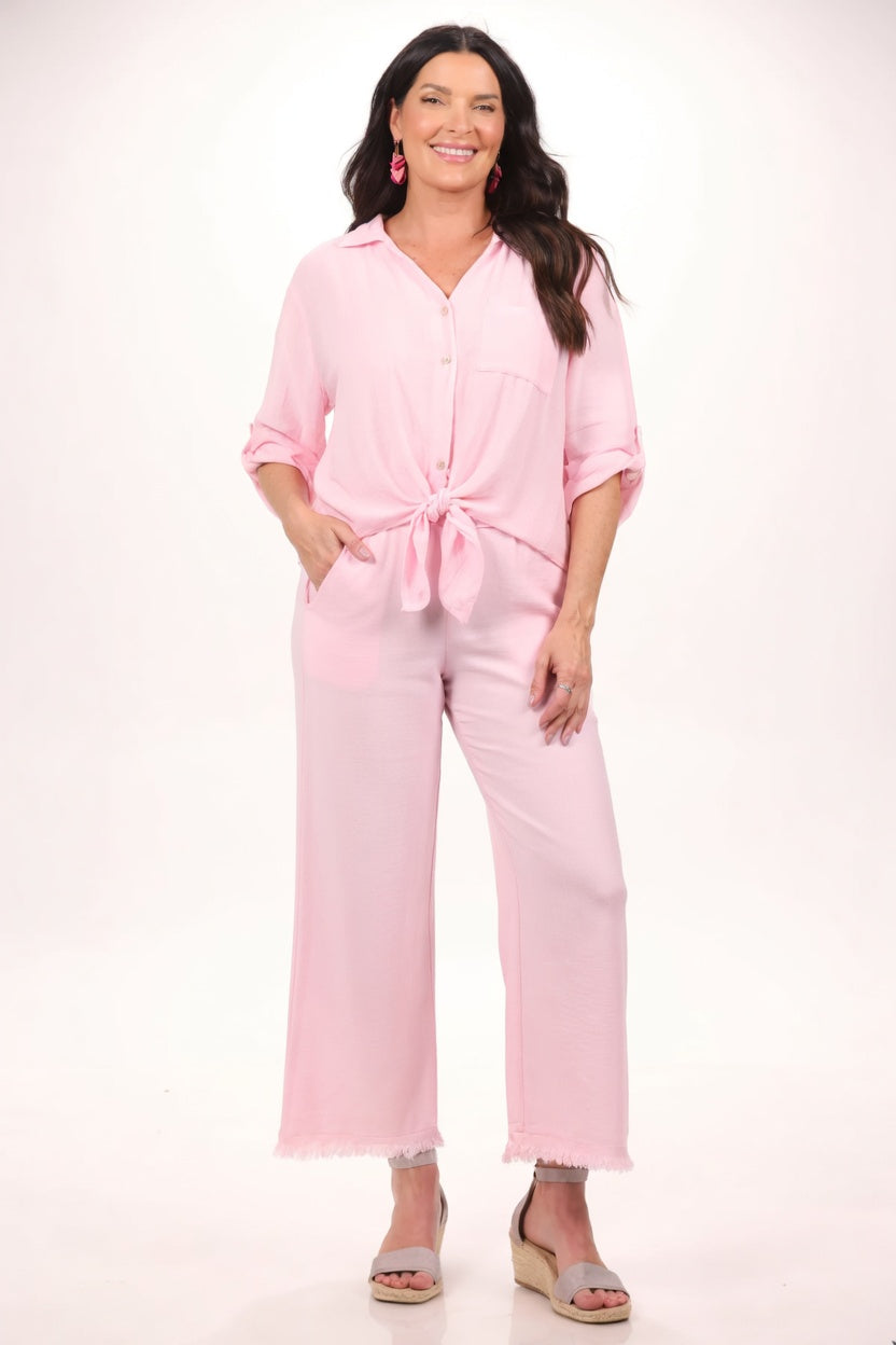 Roll Sleeve Tie Front Blouse