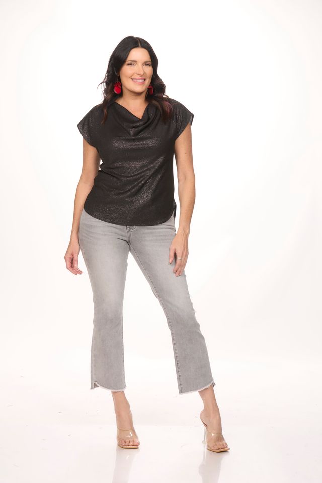 Cap Sleeve Glitter Cowl Neck Top
