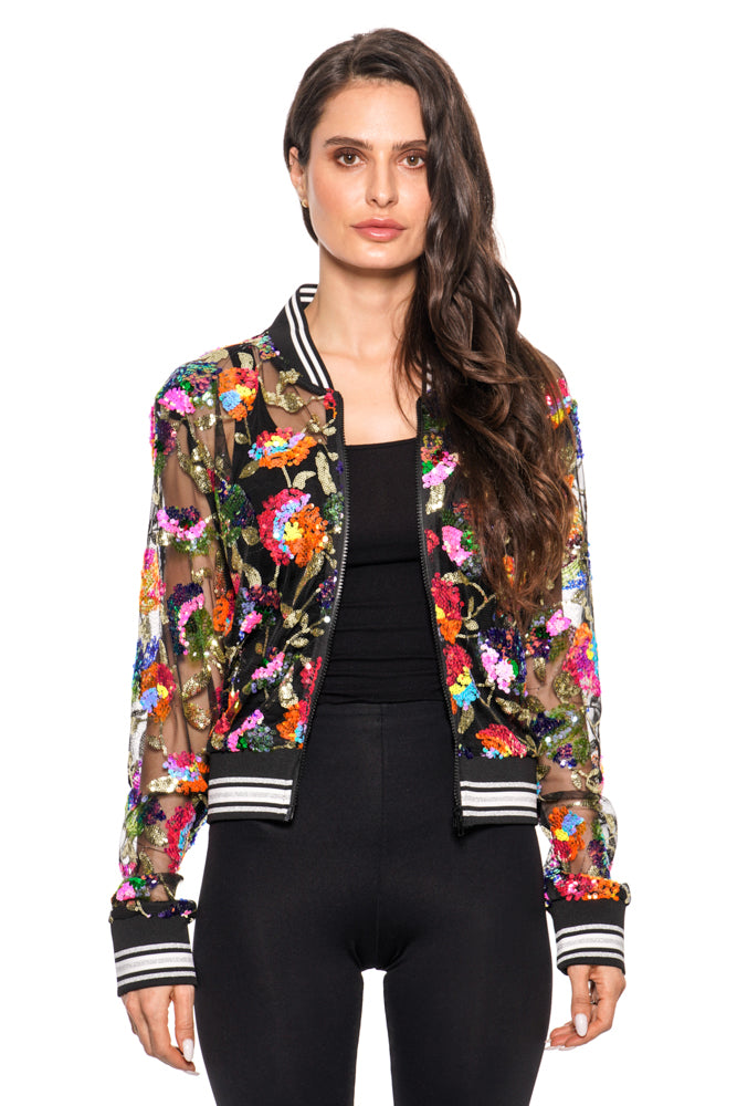 Front image of Adore shiny floral bomber jacket.