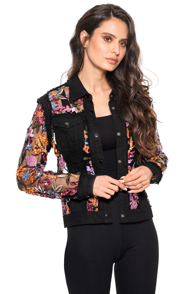 Long Sleeve Denim Jacket with Sheer Embroidery