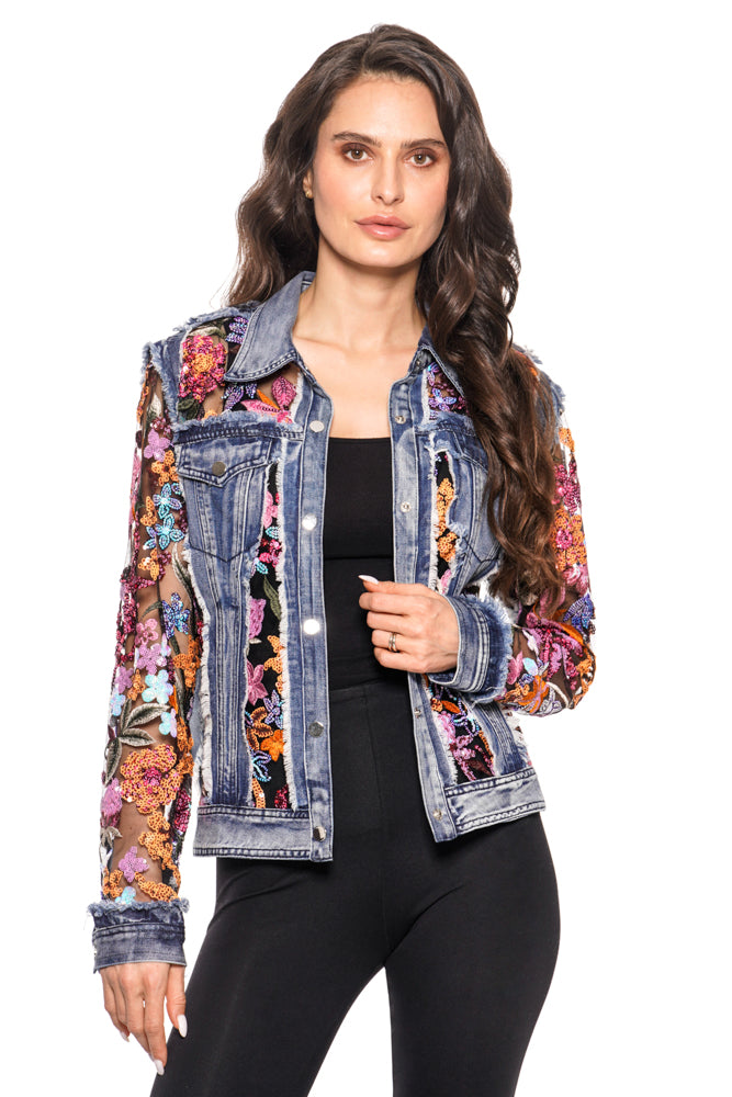 Long Sleeve Denim Jacket with Sheer Embroidery