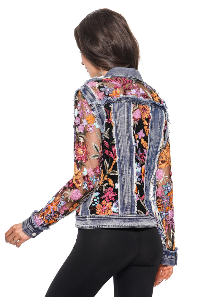 Long Sleeve Denim Jacket with Sheer Embroidery