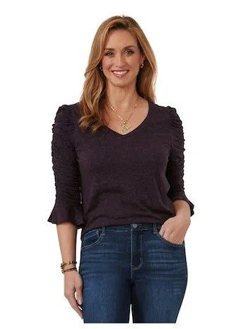 Front image of Democracy 3/4 ruched sleeve v-neck knit top. Heathered concord grape v-neck top. 