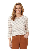 Front image of Democracy 3/4 sleeve scoop neck print top. Dotted printed top. 