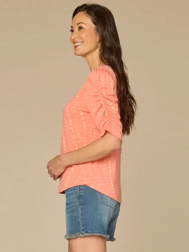 Ruched Elbow Sleeve Scoop Neck Print Top