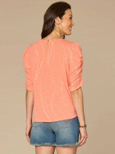 Ruched Elbow Sleeve Scoop Neck Print Top