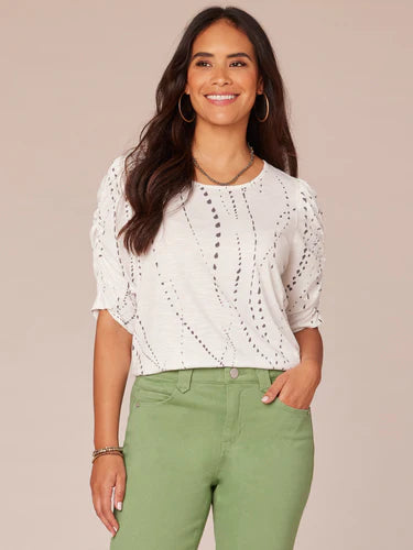 Ruched Elbow Sleeve Scoop Neck Print Top
