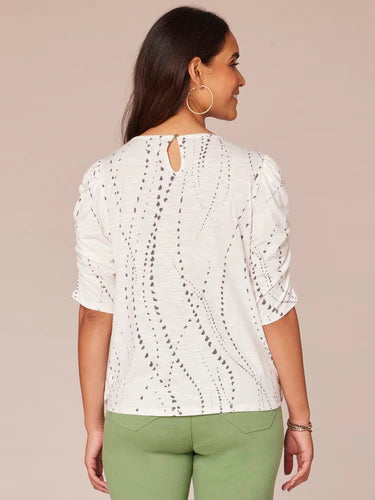 Ruched Elbow Sleeve Scoop Neck Print Top