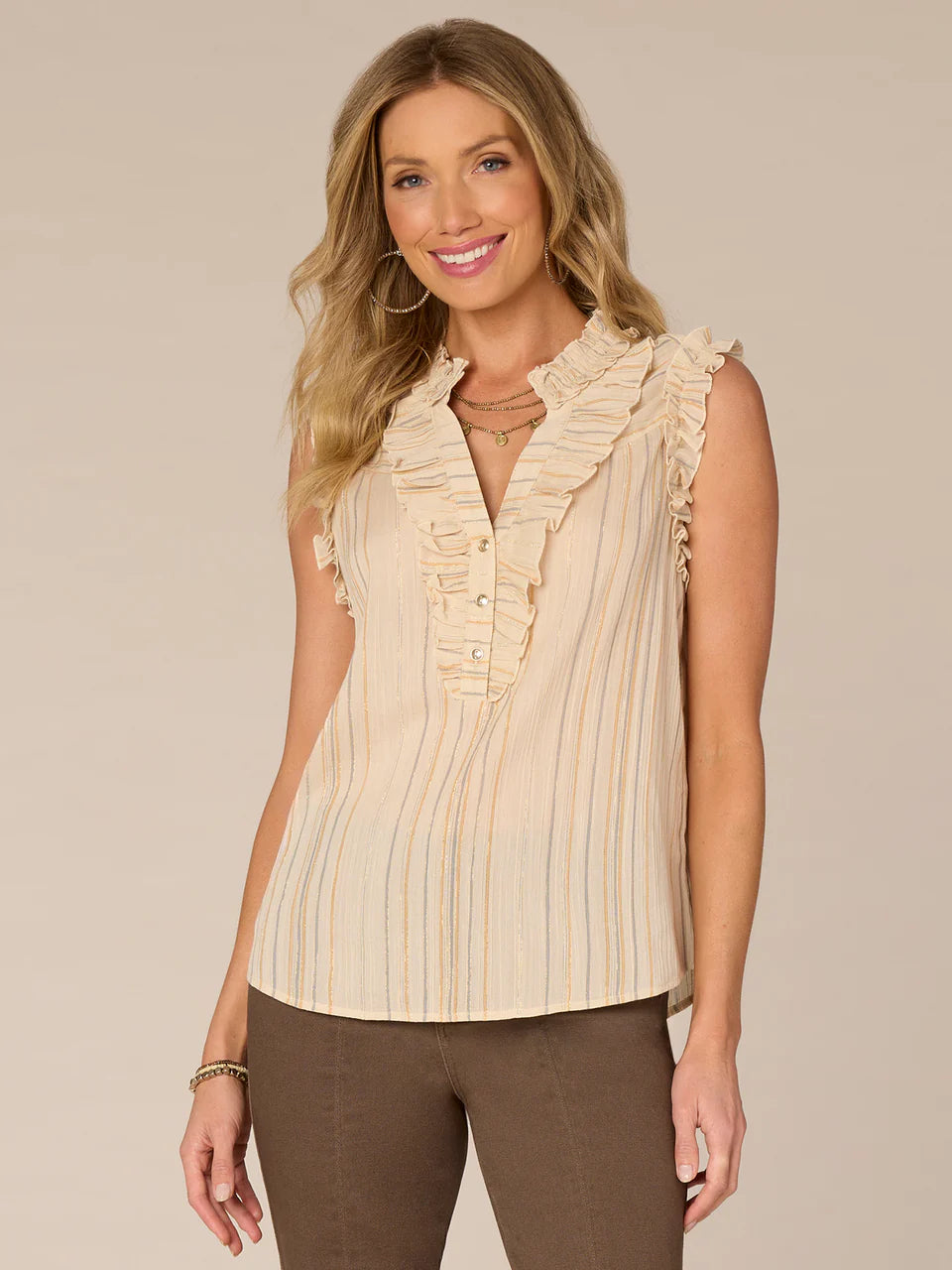 Front image of Democracy ruffle sleeveless top in ecru stripe.