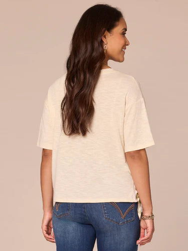 Back image of Democracy short sleeve mixed media top.