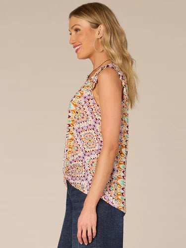 Side image of Democracy pleated wine berry printed top.