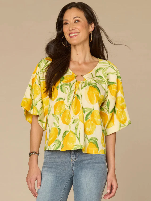 Front View Image of Democracy Bubble Bell Sleeve V-Neck Print Top in Leon Lush Multi
